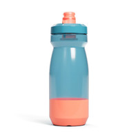 A drink bottle featuring a transparent blue body with a coral base and a screw-on lid. It has a logo on it.