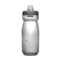 A drink bottle in clear plastic with a grey cap and nozzle, featuring a dotted design and a branding logo.