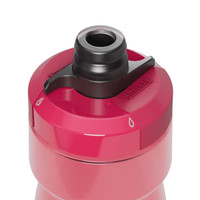 A drink bottle in vibrant pink with a black spout, featuring a logo on the side.