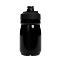 A drink bottle in black, featuring a screw-on top and a built-in spout. It has a sleek design and a logo.