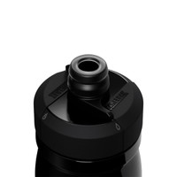 A drink bottle with a black insulated steel body and a black spout cap, featuring a logo on the side.