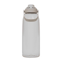 A drink bottle featuring a clear design with a beige lid and handle, designed for easy hydration.