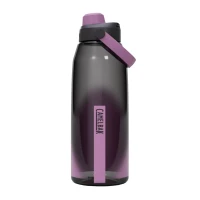purple and black water bottle featuring a chug lid and integrated carry handle.