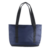 A navy blue expandable cooler bag with black handles, designed to hold 25-50 cans. It features a simple, functional design.