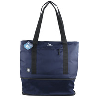 A navy blue cooler bag with black straps and a front pocket. It features a logo and a tag attached.
