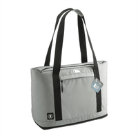 A grey cooler bag with black straps and a zipped top, featuring a logo and a tag.