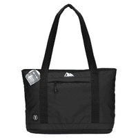 A black expandable cooler bag with dual handles and a logo, featuring a zippered pocket on the front.