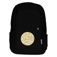 A black laptop backpack featuring a circular design with intricate patterns. It has side pockets and a logo.