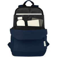 A navy blue laptop backpack with a bottle, notebooks, and a folder visible inside. It features a logo on the exterior.