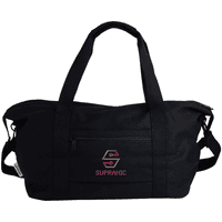 A black duffle bag with sturdy handles, features a front pocket and has a logo on the side. Ideal for sports or travel.