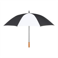 A black and white recycled golf umbrella with a wooden handle and a central support structure.
