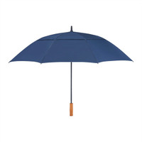 A navy blue recycled golf umbrella with a wooden handle and a branding logo.
