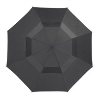 A black, recycled golf umbrella with an octagonal shape, featuring a central hub and a brand logo.