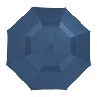 A navy blue, recycled golf umbrella featuring an octagonal shape and a central opening mechanism. It has a logo.