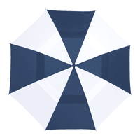 A navy and white recycled golf umbrella featuring a triangular panel design and a central logo.