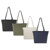 A collection of four tote bags in black, olive green, cream, and navy, each featuring handles and a logo.