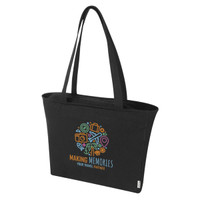 A black tote bag with two long handles featuring a logo design with colourful travel-themed icons.