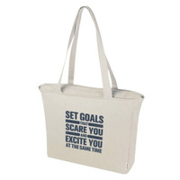 A grey tote bag with a zip closure, featuring a logo and motivational text on the front.