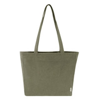 A large, olive green recycled zip tote bag with long handles and a simple design. It features a logo.