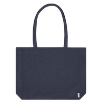 A navy blue recycled zip tote bag with long handles and a simple design. It features a branding logo.