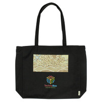 A black tote bag featuring a patterned design and a logo on the front. It has two sturdy handles.