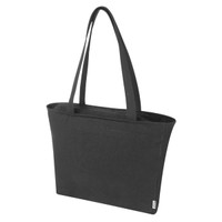 A black recycled zip tote bag with two long straps and a minimalistic design. It features a logo.