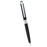 A black and silver dual ballpoint stylus pen with a sleek design and a clip for easy attachment.