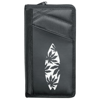 A black travel wallet with a textured surface and a decorative surfboard design, featuring a logo.