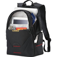 A black laptop backpack with multiple compartments, including space for a tablet, pens, and a passport.