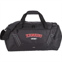 A black duffle bag with red accents and a logo, featuring multiple compartments and shoulder straps.