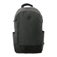 A black and grey laptop backpack featuring a branding logo and multiple compartments for organisation.