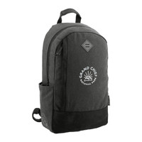 A grey and black laptop backpack with a branded logo and side pocket. Ideal for carrying a computer and essentials.