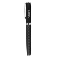 A black ballpoint pen with a textured grip and a chrome accent, featuring a logo on the barrel.