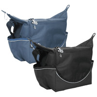 A cooler bag available in blue and black, featuring multiple pockets and a logo. Ideal for carrying beverages.