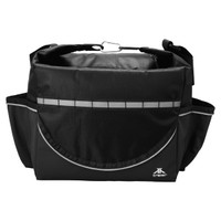 A black cooler bag with multiple compartments and a shoulder strap, featuring an attached silver logo.