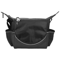 A black cooler bag with multiple compartments, zippers, and adjustable straps, featuring a logo.