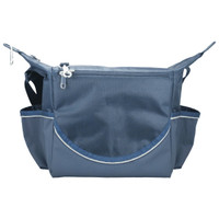 A dark blue cooler bag with multiple pockets and a zipper compartment, featuring a small logo.