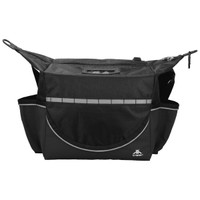 A black cooler bag with multiple pockets and a reflective strip. It features a zippered top and has a logo.
