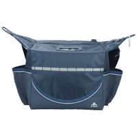 A navy cooler bag with multiple pockets and a central compartment, featuring a logo on the front.