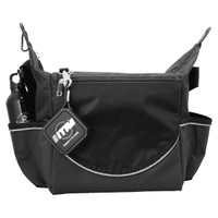 A black cooler bag featuring multiple compartments, including a drink bottle holder and a logo tag.