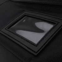 A black cooler bag featuring a clear identification window. The fabric appears durable with a smooth finish.