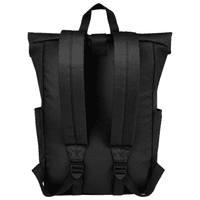 A black roll-top backpack with adjustable straps and side pockets, featuring a logo on the back.