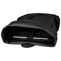 A black roll-top backpack with a spacious interior, designed for a laptop and featuring a logo.