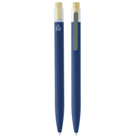 A navy blue recycled aluminium pen features a bamboo clicker and a clip, showcasing an eco-friendly design.