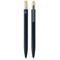 Recycled aluminium pen with bamboo clicker, featuring a sleek black design and a logo on the side.