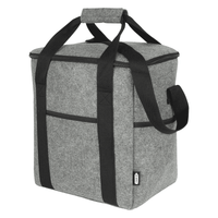 A grey felt cooler bag with black straps and handles, featuring two side pockets. It has a square shape and a lid.
