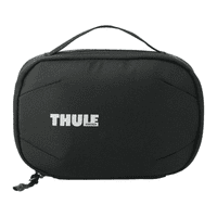 A black toiletry bag featuring a sturdy design, a handle, and a logo.