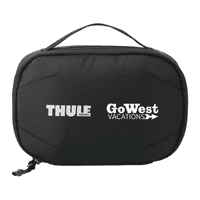 A black toiletry bag with a handle and a logo on the front, featuring a zip closure.