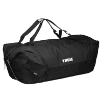 A black duffle bag with a mid blue accent and a logo. It features dual handles and a zippered closure.
