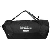 A black duffel bag with a mid blue accent and a logo. Features a shoulder strap for easy carrying.
